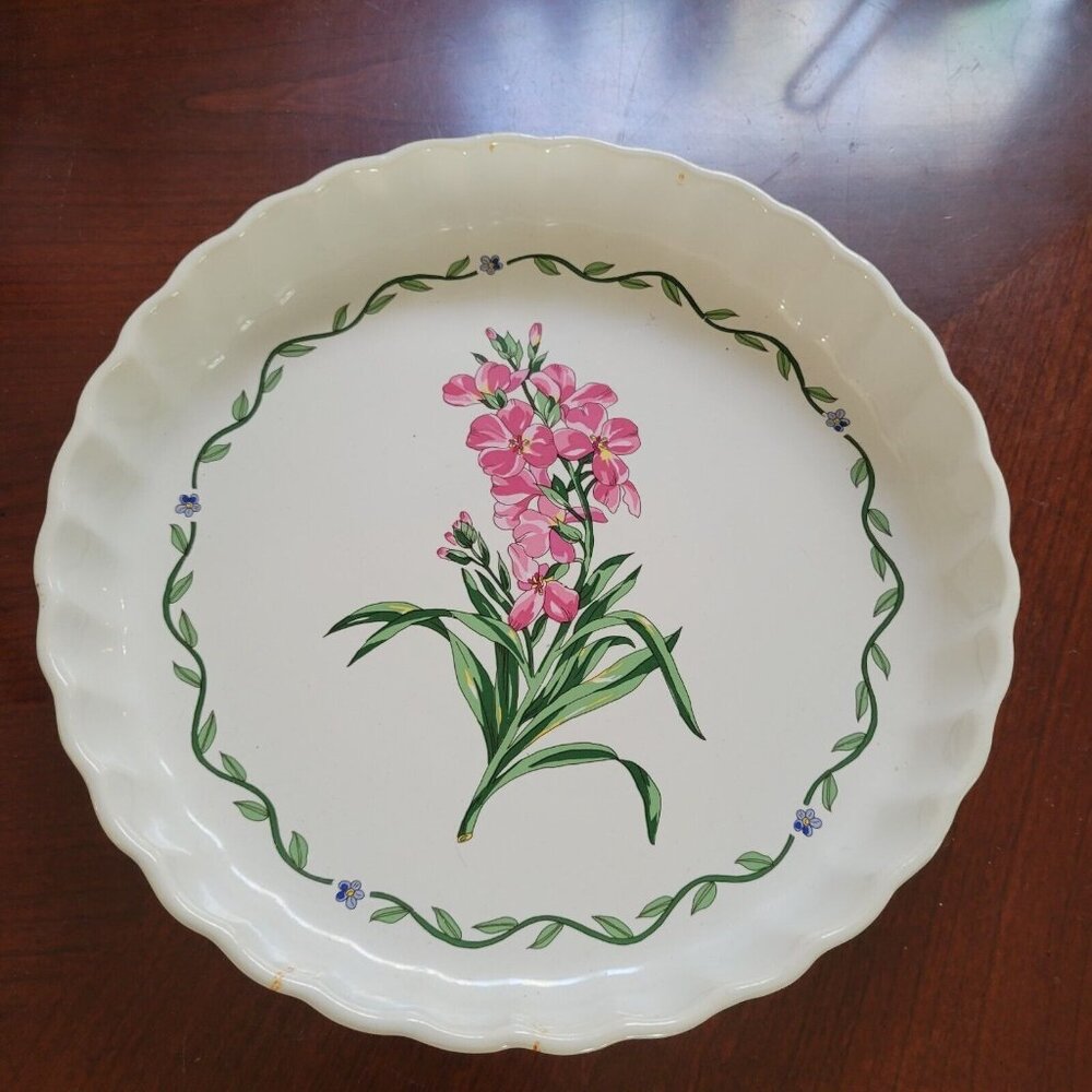 Spring Blossoms 10” Round Scalloped Quiche Bakeware International Tableworks Vtg